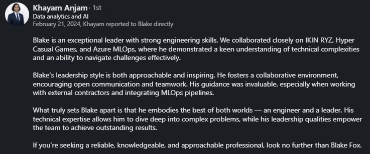 LinkedIn recommendation from Kkayam